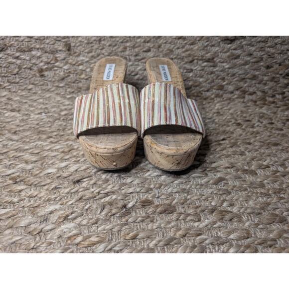 STEVE MADDEN MULTI COLORED FABRIC STRAP CORK WEDGE SURG SANDALS Size 8.5 M - Picture 5 of 10